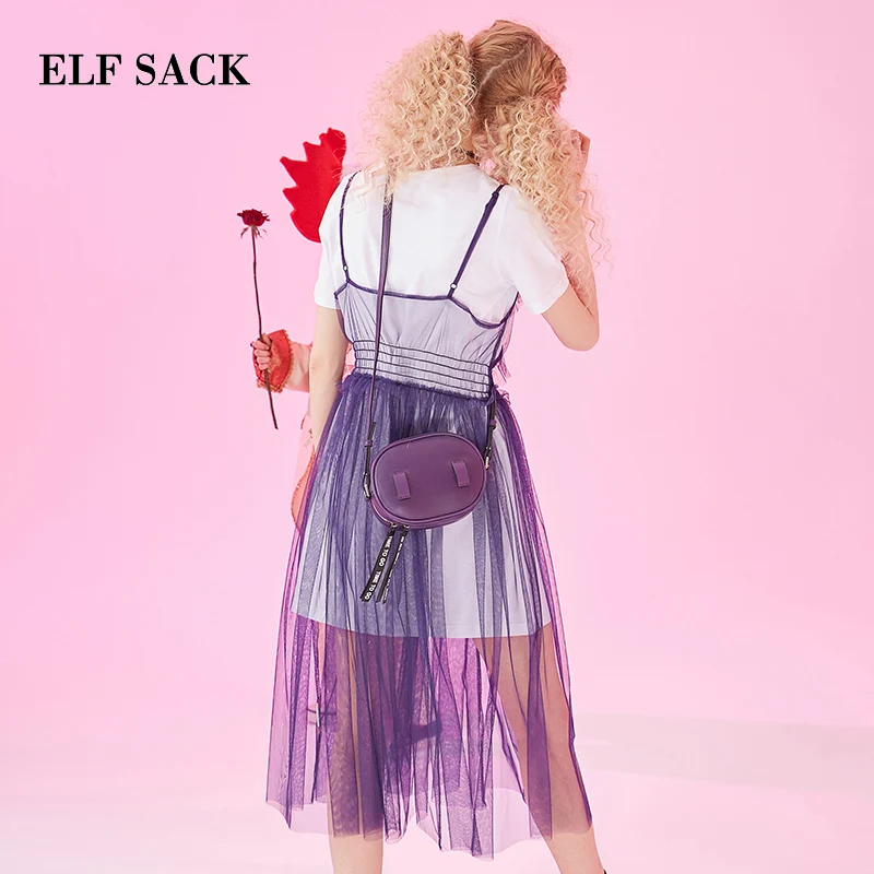 ELFSACK белая женская футболка с буквенным принтом и фиолетовые кружевные милые пляжные платья, Модный повседневный комплект, Летний сетчатый женский костюм