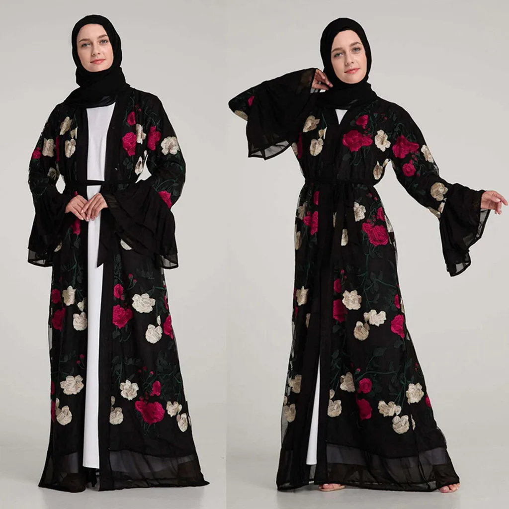 Мусульманская женская мода шифон с цветочным узором кружевное вышивкой открытым
