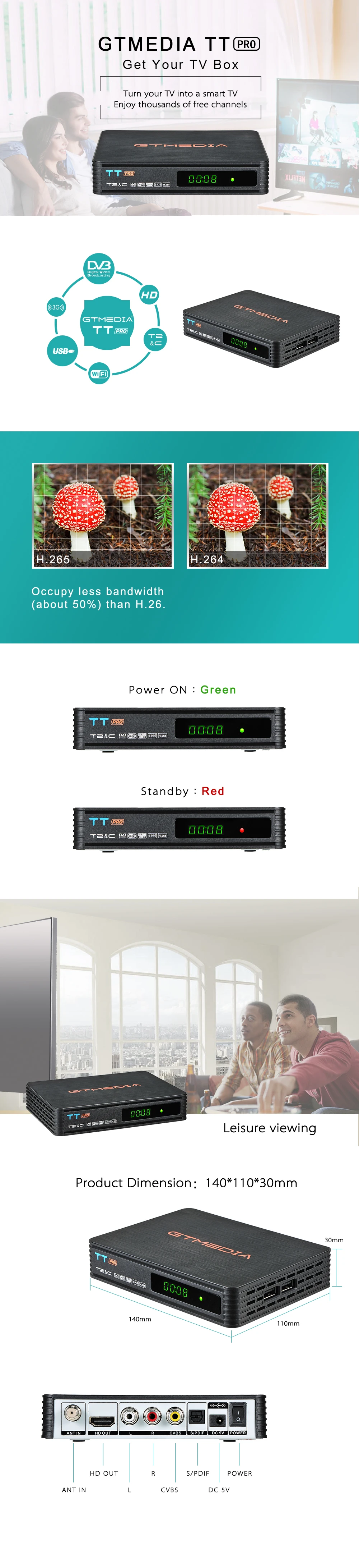 GT медиа TT Pro DVB-T/T2 DVB-C декодер, ТВ цифровой террест кабельный рецептор USB WiFi MPEG-4 H.265 FTA 1080P Full HD PVR CCcam