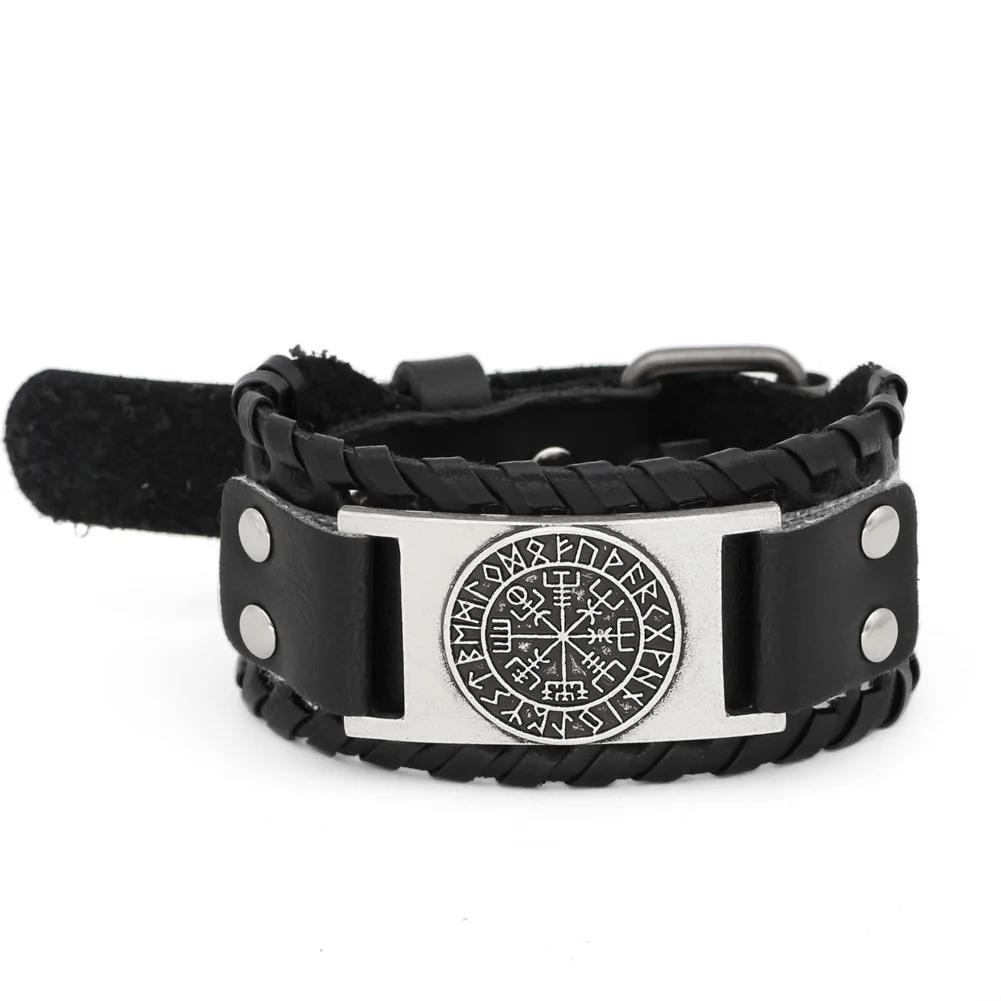 1 Nodich viking Vegvisir компас кожаный амулет odin символ Браслет-регулируемый размер 19-25 см - Окраска металла: 1