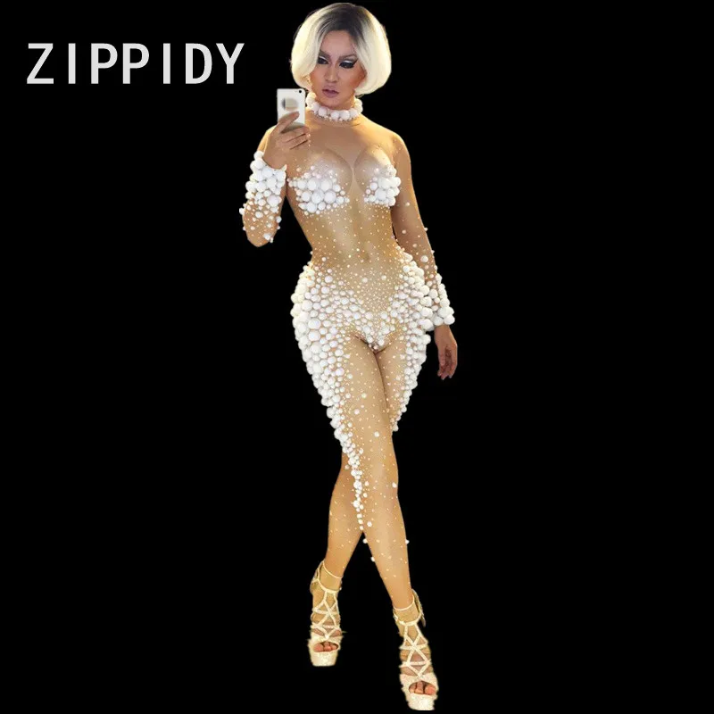 Sexy White Small Balls Jumpsuit Christmas Stage Wear Women's Stretch Nude Rompers Nightclub Show Birthday Prom Celebrate Costume
