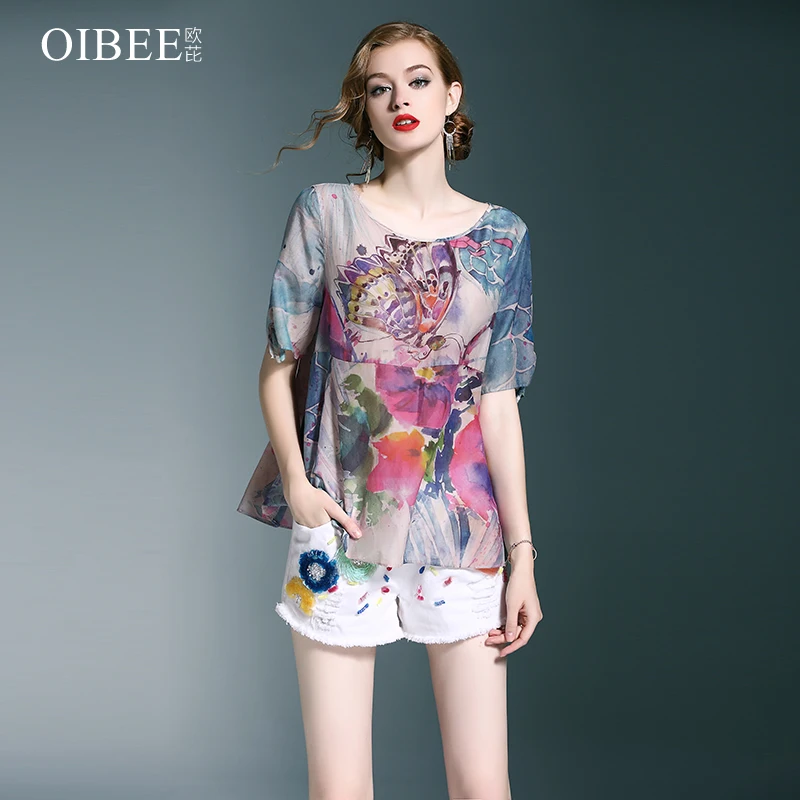 OIBEE шифоновая повседневная женская блузка с коротким рукавом и принтом