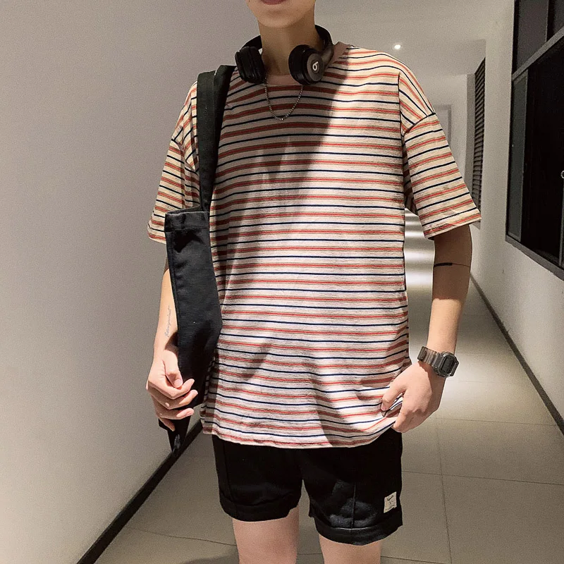 Мужские полосатые футболки Harajuku, мужские хип-хоп хлопковые повседневные футболки, мужские корейские винтажные летние футболки с коротким рукавом