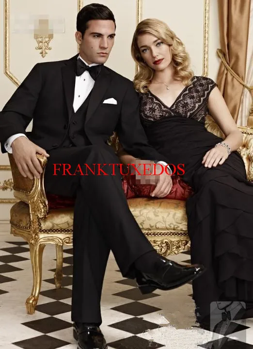 

Новинка 2017, Стильные Черные смокинги для жениха, платье для жениха с отворотом, мужские свадебные костюмы для лучших мужчин (Блейзер + брюки + жилет + галстук)