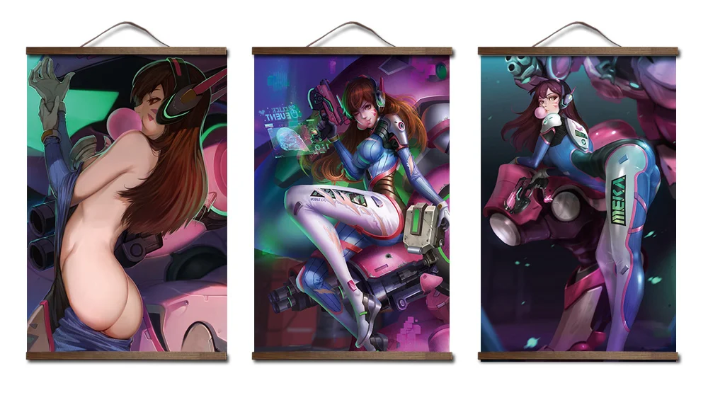 Overwatchs d. va плакат для HD холст декоративные постеры настенная живопись с твердой древесины подвесной прокрутки