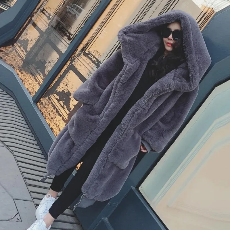 Gray Женский длинный Полный Пелт, настоящий мех кролика, пальто с капюшоном, большой размер, куртка для женщин, полная длина, шуба, кроличий мех, зимняя RB-076 - Цвет: Gray