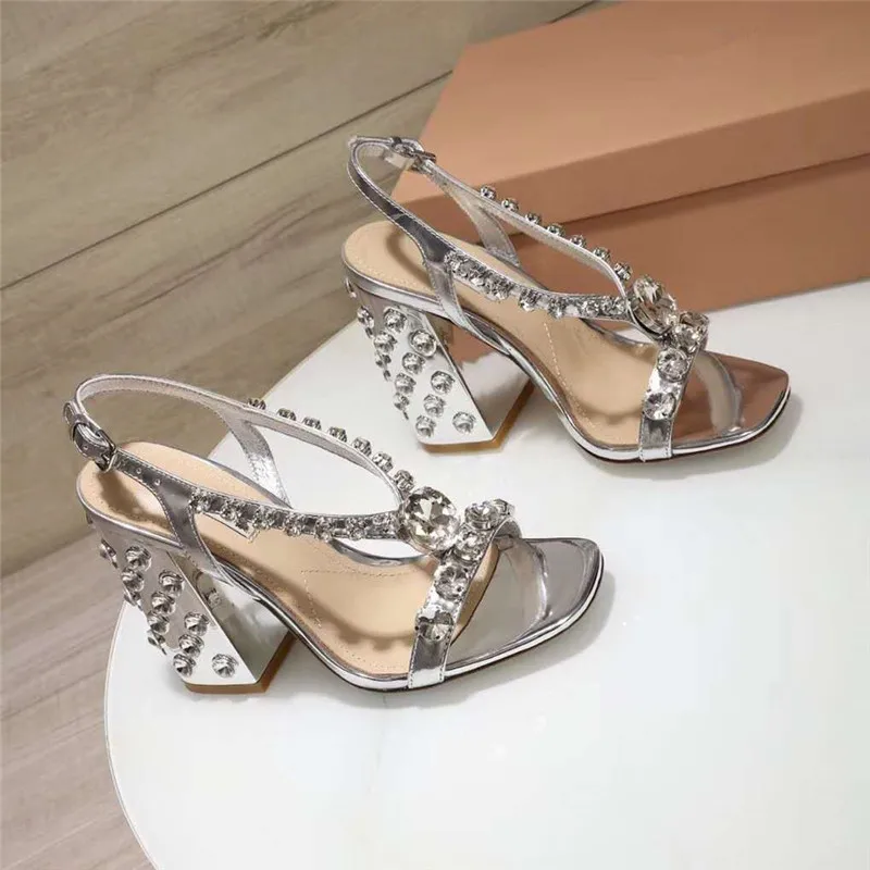 silver 10cm heel VIISENANTIN/сандалии-гладиаторы со стразами; женские элегантные вечерние туфли на высоком массивном каблуке, украшенные стразами; женская летняя Свадебная обувь - Цвет: silver 10cm heel