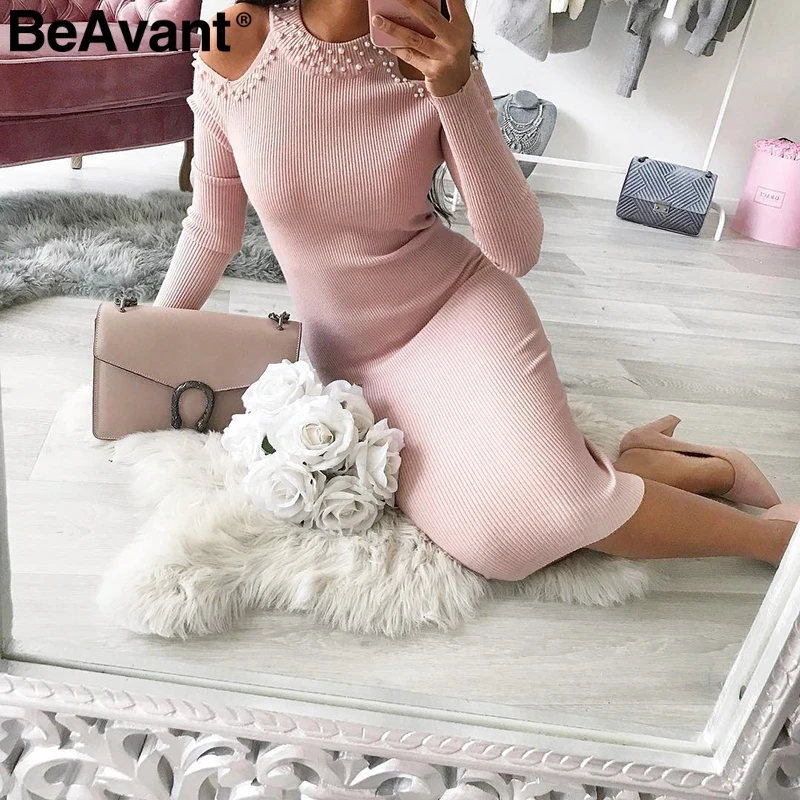 BeAvant элегантное вязаное платье с открытыми плечами женское осеннее свитер