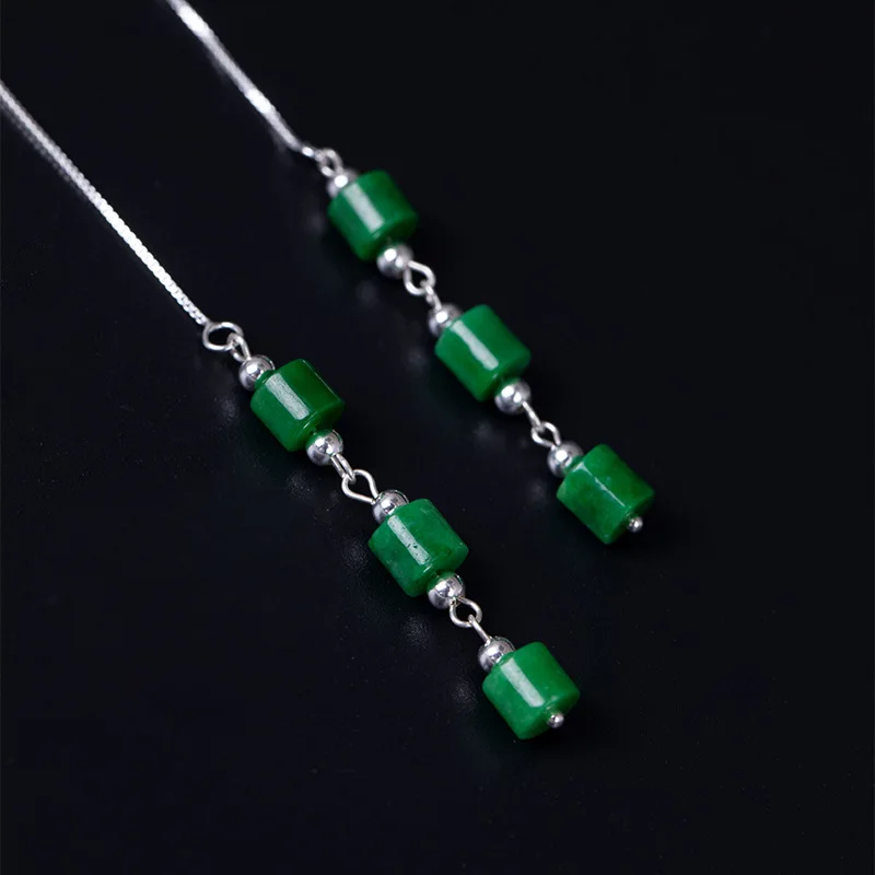 INALIS New Unique Long Ear Line Chain Brincos S925 Sterling Silver Cylinder Emerald Jade Fashion Drop Dangle Earring Jewelry | Украшения и