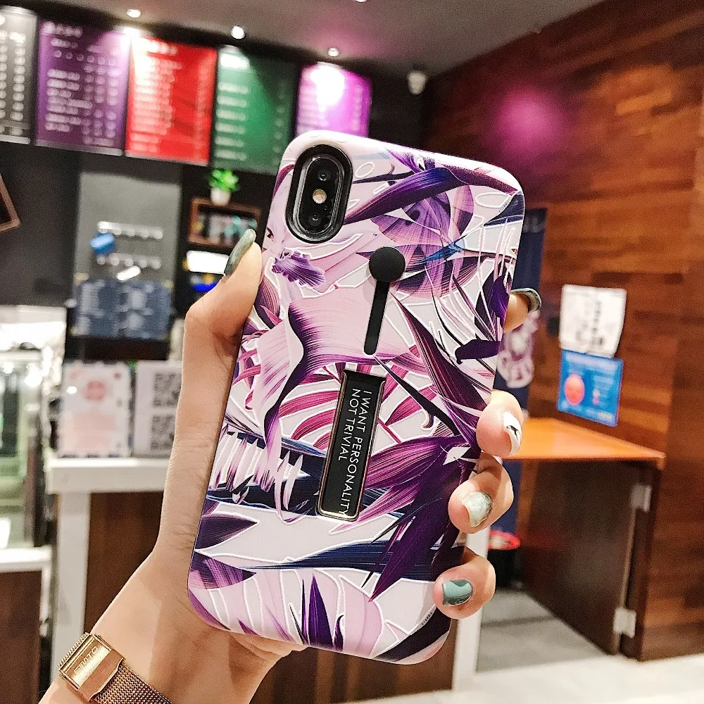 Art Flowers Green Leaf Phone Case For iPhone XS Max XR 6 6S 7 8 Plus X Retro Style Flower Floral hard stand holder Back Cover |