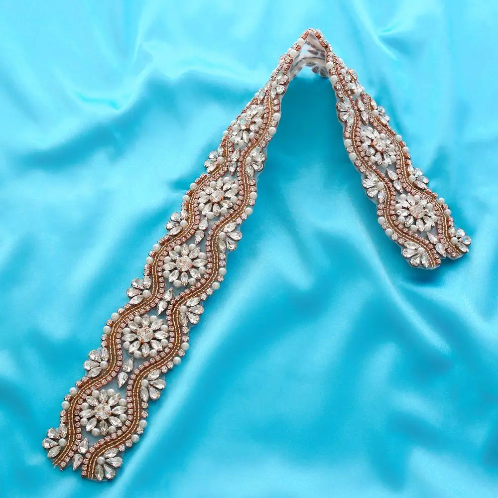

Crystal Rhinestones Wedding Sash Rose Gold Bridal Belt Handmade Beads Wedding Belt For Wedding Long Dresses S201RG
