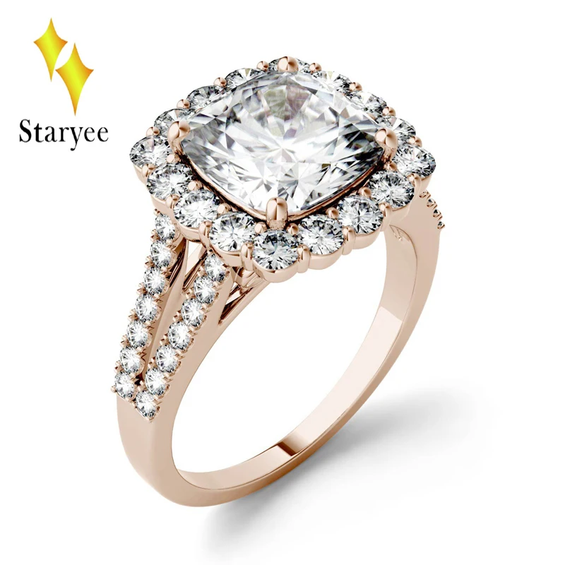 Тест положительных 18 k из розового золота Moissanite алмазные кольца Блестящий Halo имитация бриллианта Кольцо Для свадебное кольцо для женщин