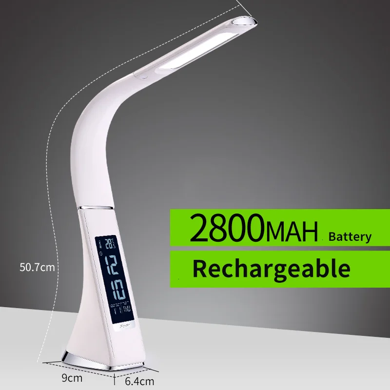 White 2800mah WoodPow яркий деловой светодиодный настольный светильник перезаряжаемый с регулируемой яркостью Настольный светильник 3 режима настольные Лампы Будильник ЖК-дисплей - Цвет корпуса: White 2800mah