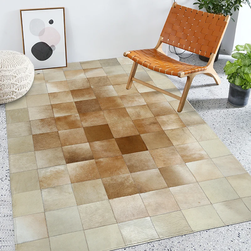 

Beige leather stitching carpet Nordic geometric living room sofa table pad bedroom bedside patchwork carpet rectangular custom