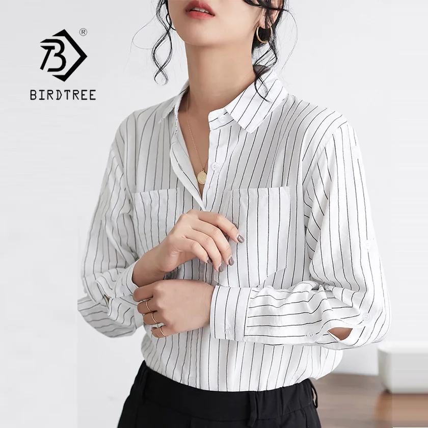 Striped Blouse Новое поступление, полосатая блуза с длинным рукавом и отложным воротником и карманами, Офисная Женская Элегантная Модная блуза T93111F - Цвет: Striped Blouse