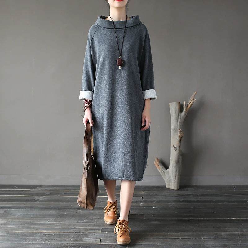 SCUWLINEN, осенне-зимнее платье, хлопок, женское платье, Vestidos, свободное, флисовое, утолщенное, водолазка, длинный рукав, длинный халат S60