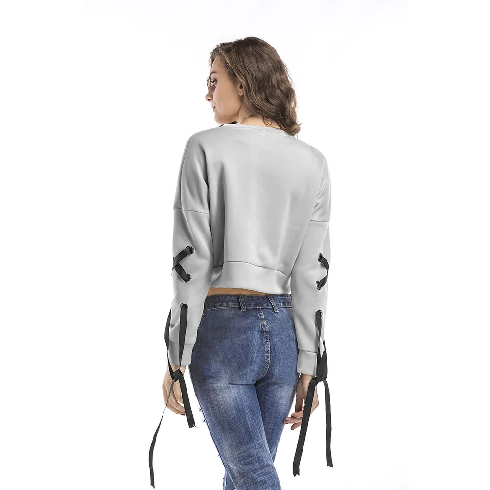 Женские осенние новые свободные топы женские короткие свитшоты на шнуровке с