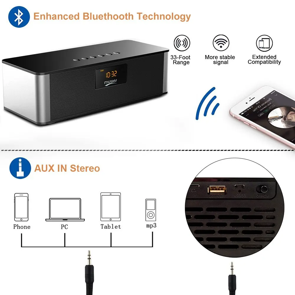 Bluetooth Speaker Stereo FM Radio Wireless with LED Screen Alarm Clock Bass Handsfree 8h Playtime for iPhone Mobile PC | Электроника