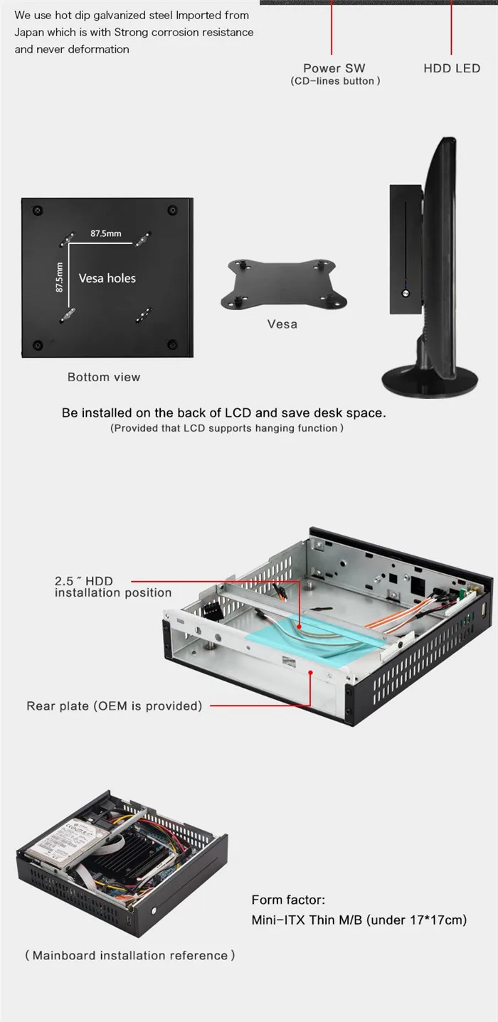 2 шт. стальной мини HTPC чехол Черный mini ITX чехол для компьютера игровой ПК настольный чехол с креплением на стену и винтами VESA