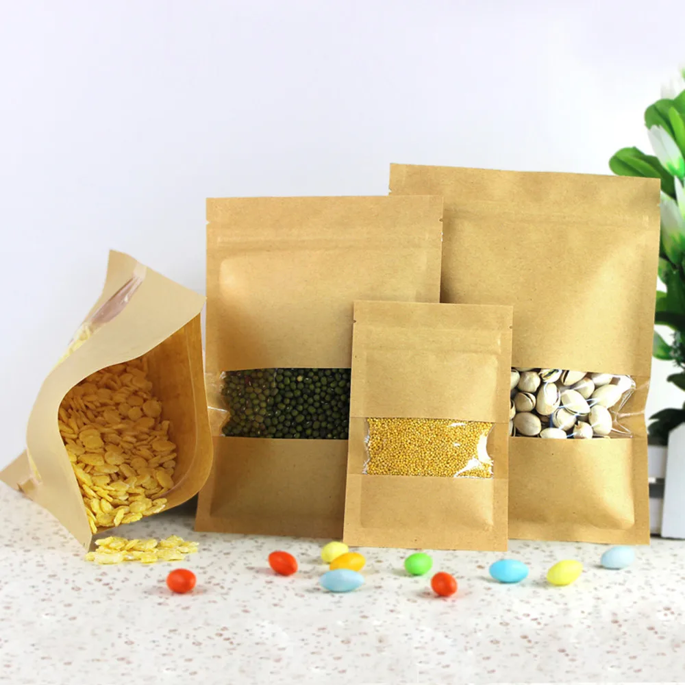 

100Pcs/ Lot Zipper Heat Seal Kraft Paper Snack Nut Dried Food Storage Packaging Bag Self Seal Zip Lock Pouch Package With Window