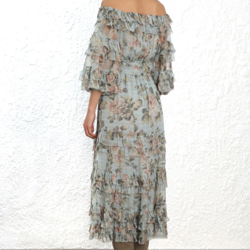 2018 новые осенние Цветочный принт оборками длинное платье Для женщин Роскошные