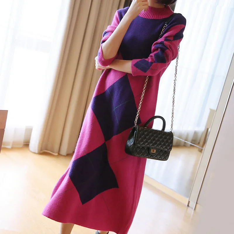 

Autumn and winter long-sleeved knit dress 2018 autumn and winter fashion large size women's long loose loose thick
