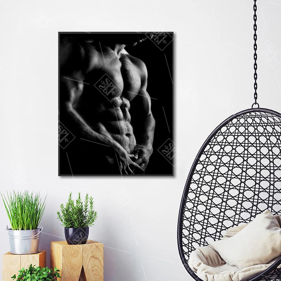 Современный черно белый Холст Печатный постер сексуальный фитнес мышечные