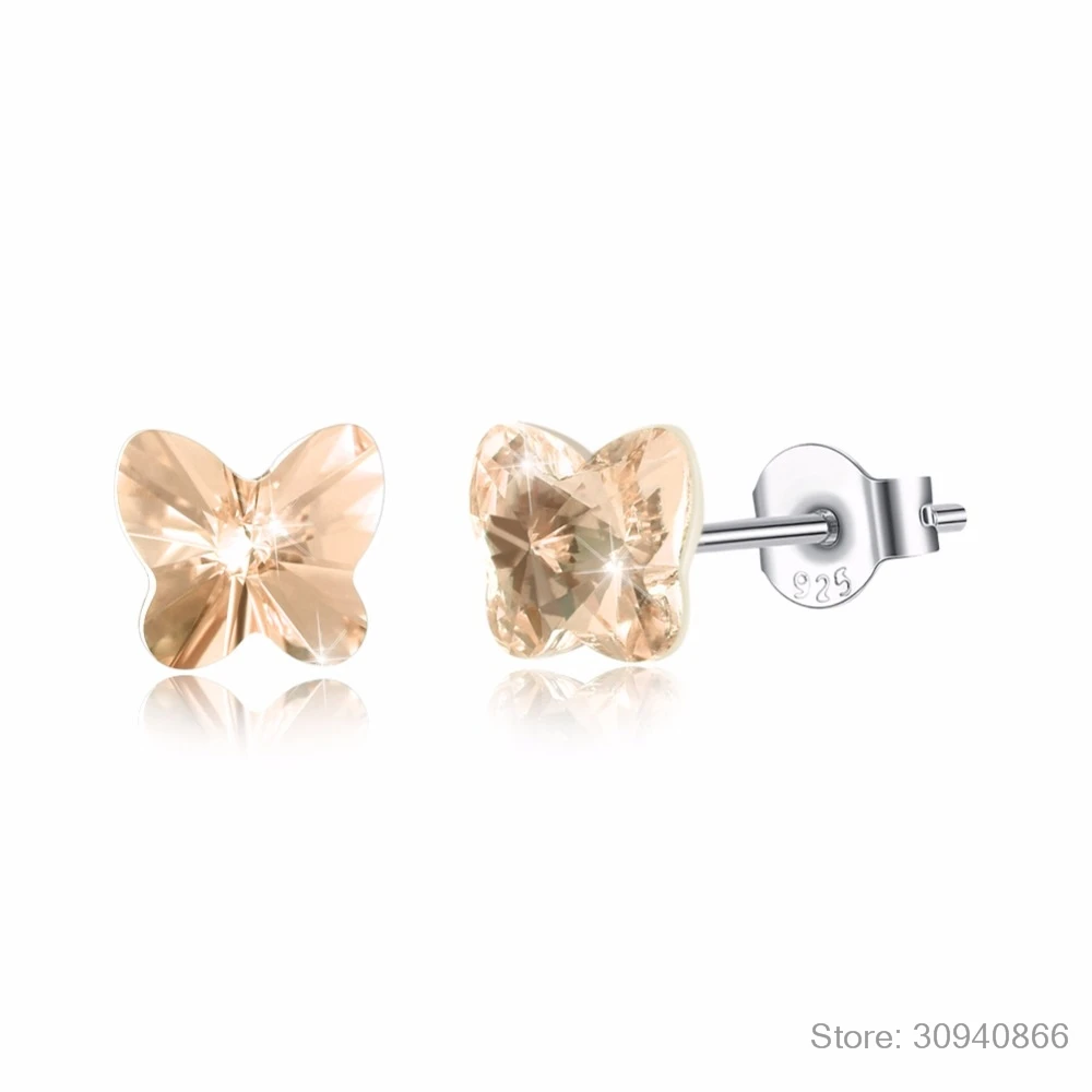 Серьги-гвоздики LEKANI с кристаллами SWAROVSKI в виде бабочек, милые серьги-гвоздики для пирсинга из серебра S925 пробы, простые ювелирные изделия для женщин и девушек