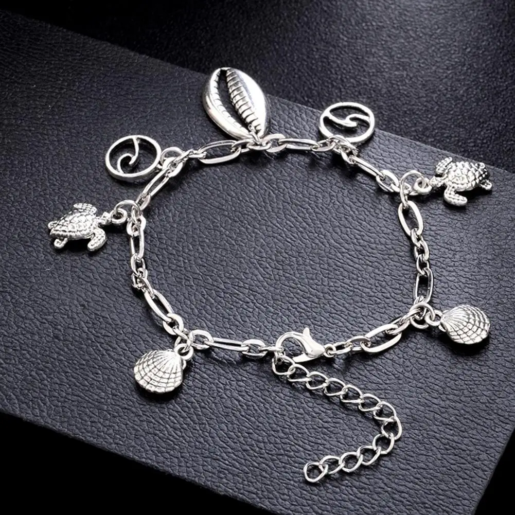 Xy Красивый Новый Женский Серебристый Цвет Простой Универсальный Браслет с Подвеской для Наручничка С Ракушкой Морской Звездой Черепахой и Конхом Кэжуал Ювелирное Изделие.