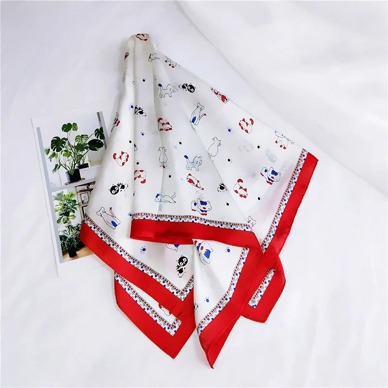 Женский шарф косынка 70 фулард ярко желтый с кошечкой квадратный платок 70х70см