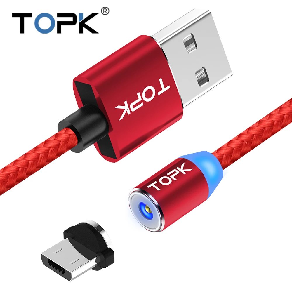 TOPK R-Line2 1 м 2 светодиодный магнитный кабель Micro USB Премиум нейлоновый Плетеный