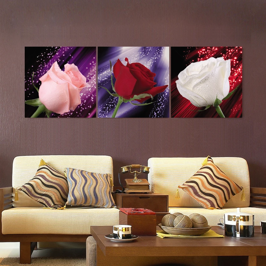 Картина маслом цветка 3 шт Холст Искусство современные красные розы украшение