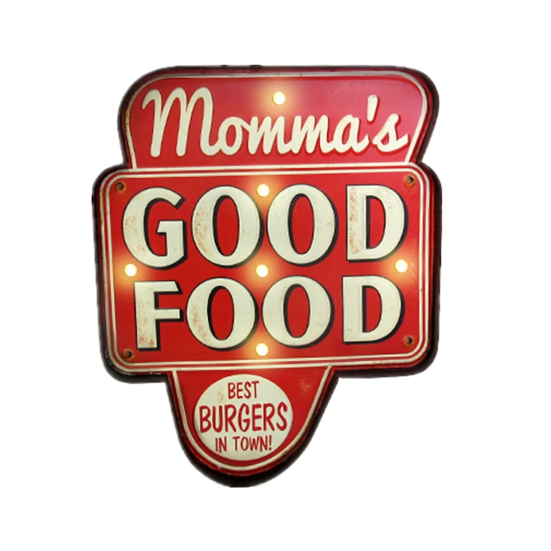 Ретро Momma's хорошая еда светодиодный оловянные вывески гамбургеров пицца