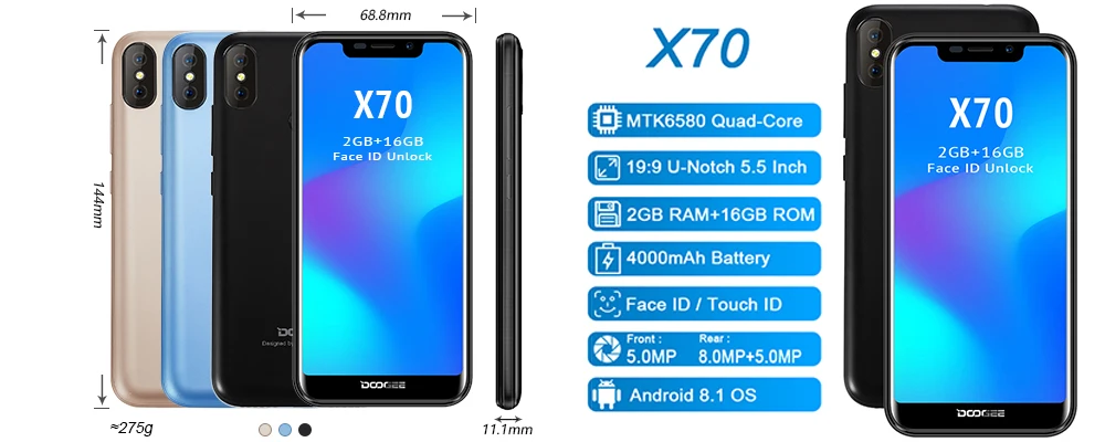 Смартфон DOOGEE X70 с функцией разблокировки лица 5,5 ''u-образная 19:9 MTK6580 четырехъядерный процессор 2 Гб ОЗУ 16 Гб ПЗУ Двойная камера 8,0 МП Android 8,1 4000 мАч