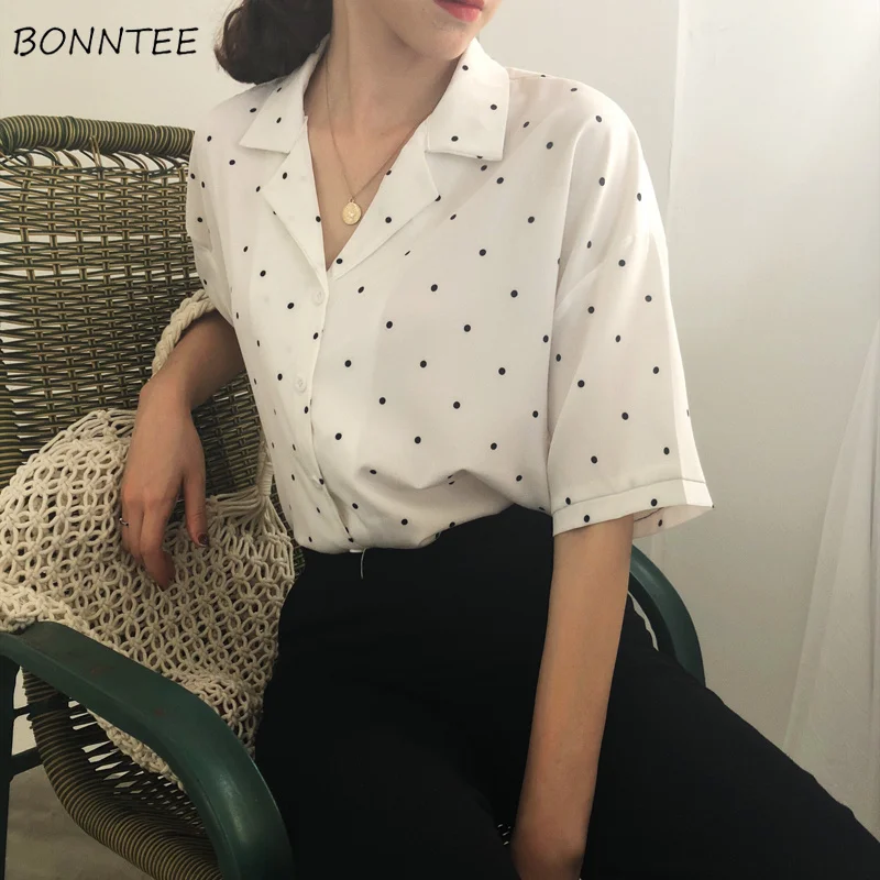 

Shirts Women Chiffon Printed Turn-down Collar Short Sleeve Loose Retro Simple All-match Shirt Womens Elegant Daily Korean Tops