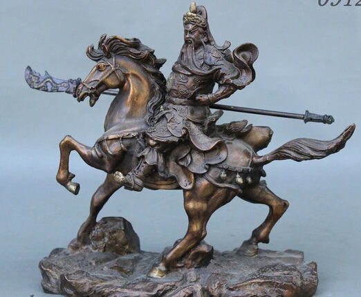 bir 006992 10&quot Chinese Pure Copper Bronze Guan Gong Yu Dragon Warrior Sword On Horse Statue | Дом и сад