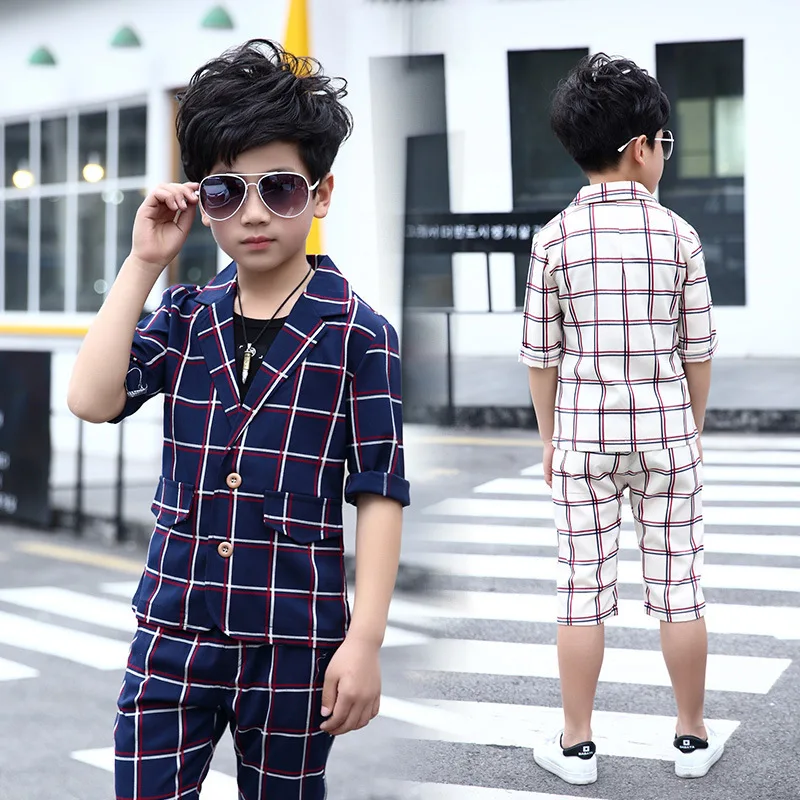2018 Популярные летние комплекты одежды для мальчиков Детский костюм в клетку