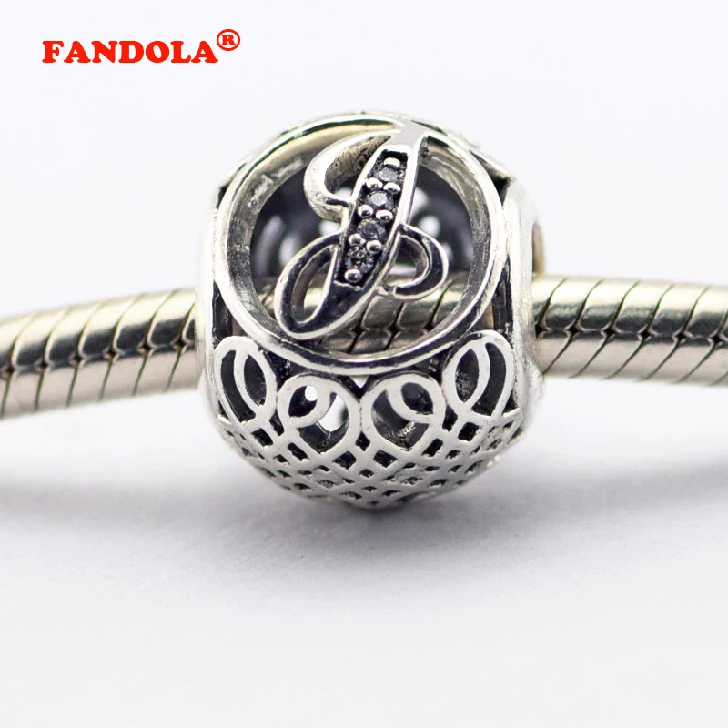 

925 Sterling Silver Jewelry Fits Pandora Charms Bracelets Vintage J with Clear Cubic Zirconia Beads Free Shipping