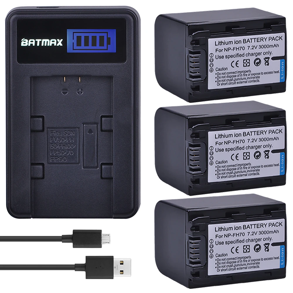 Batmax 3 шт. NP FH70 NPFH70 батарея + ЖК зарядное устройство для sony FH30 FH100 FH50 HDR CX12E CX7E SR10E
