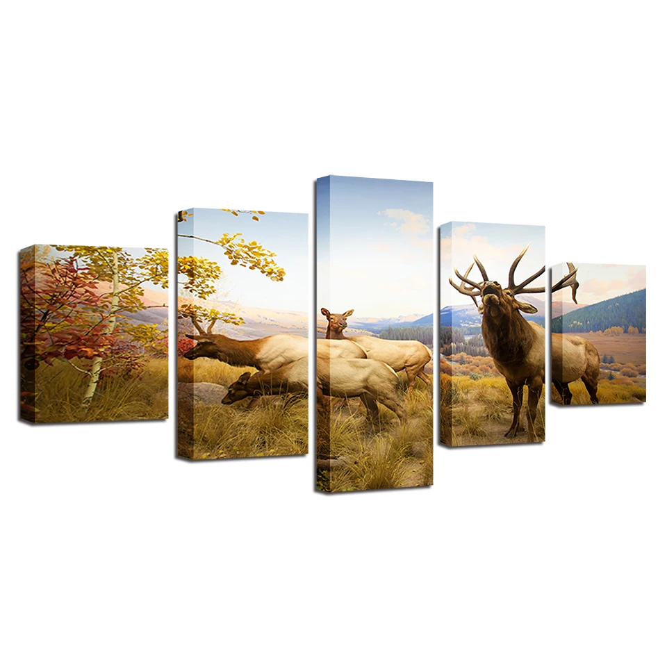 

Framed Canvas Home Decor Poster Living Room 5 Pieces HD Printed Animal Deers Bucks Paintings Wall Art Antelope Pictures