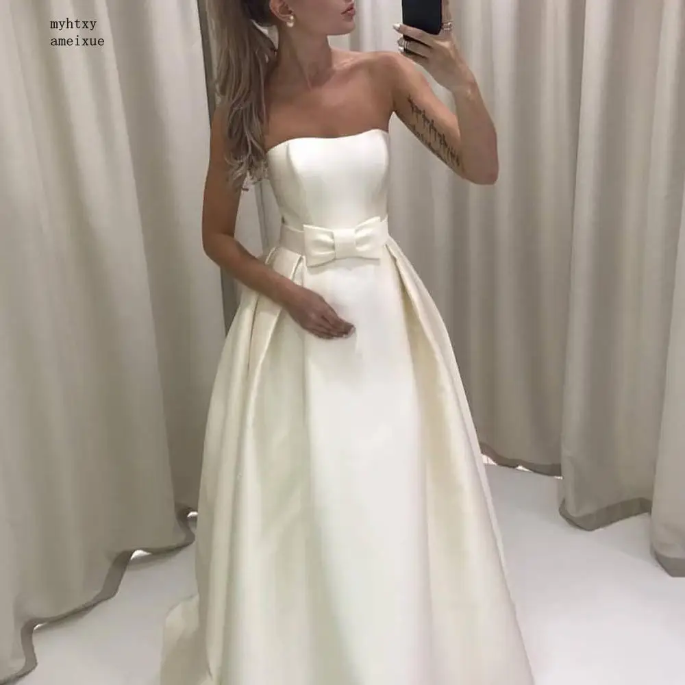 

Cheap 2020 Simple Strapless A-line Wedding Dress Matte Satin Bride Gown Custom Bridal Long Dress Marriage Vestidos De Noivas