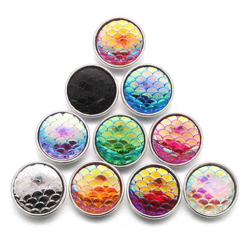 

10pcs/lot Mixed Colorful Fish Scale 18mm Snap Buttons Jewelry Round Buttons Snaps Charms Fit Snap Bracelets DIY Jewelry ZD064