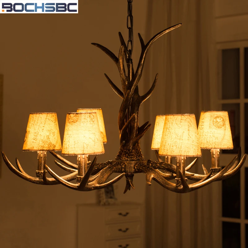 

BOCHSBC Resin Restaurant Metal Chain Lamp With Fabric Lampshade 6 Heads Antler Pendant Light for Chrismas Parlor Dinning Room