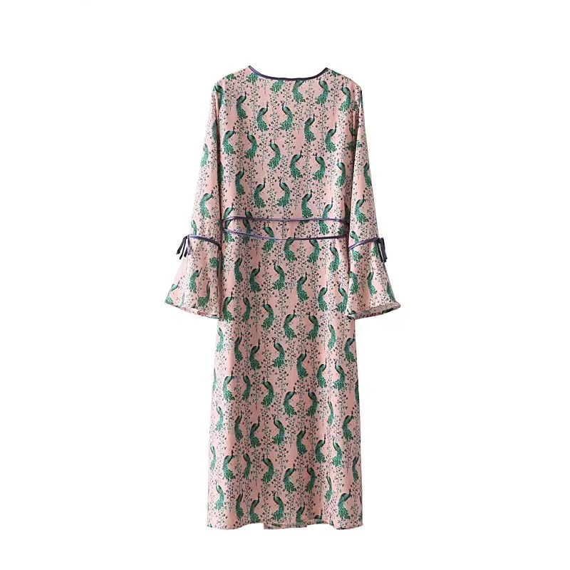 Павлин розовый цвет Кимоно длинное платье Женщины Wrap с поясом рукав фонарик Vestido