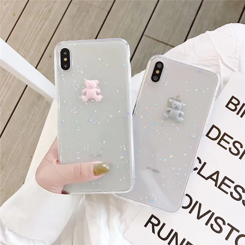 Transparent sequins stars bears phone case For iphone 6 6s 7 8plus luxury hard shell X XS MAX XR back cover |