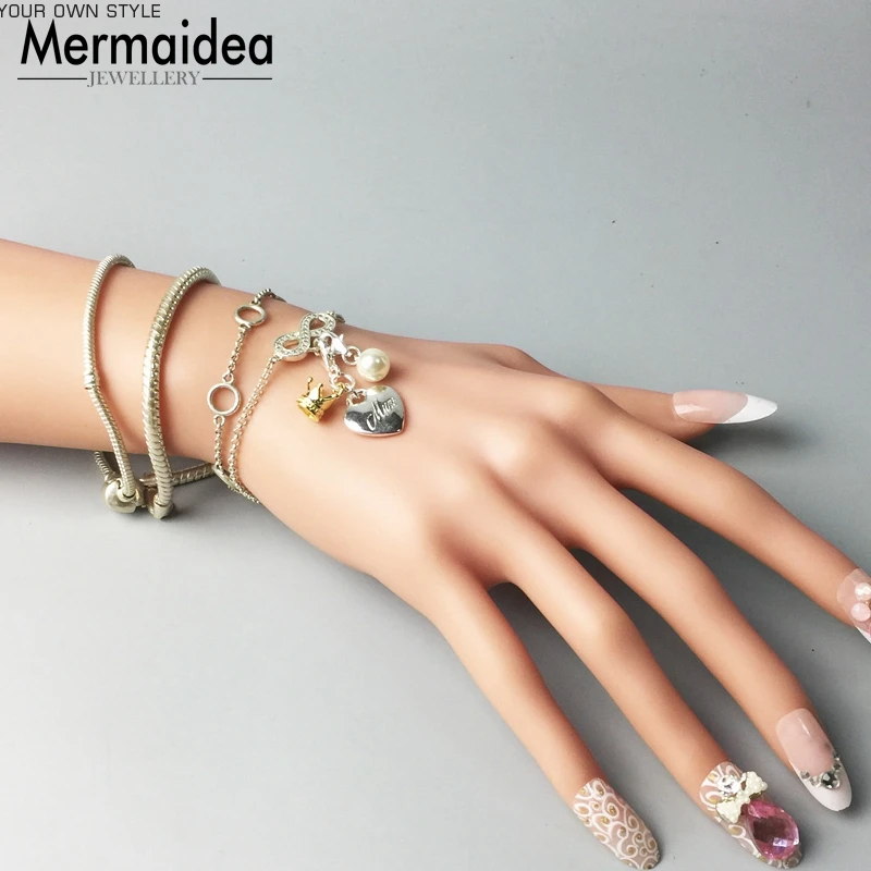 Браслеты с подвесками Mum with Pearl цепочка из звеньев Посеребренная модная Клубная