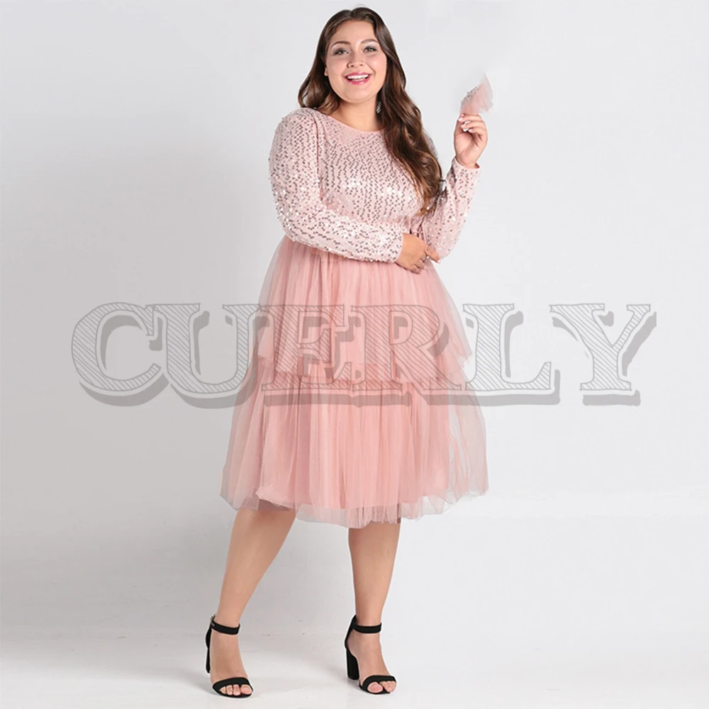 Милое розовое Сетчатое женское платье с длинными рукавами и блестками большие