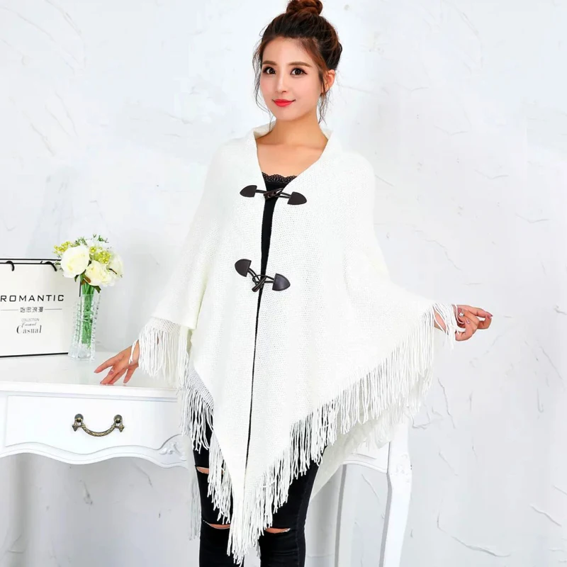 Новое поступление модное женское пончо с бахромой однотонная осенне зимняя шаль