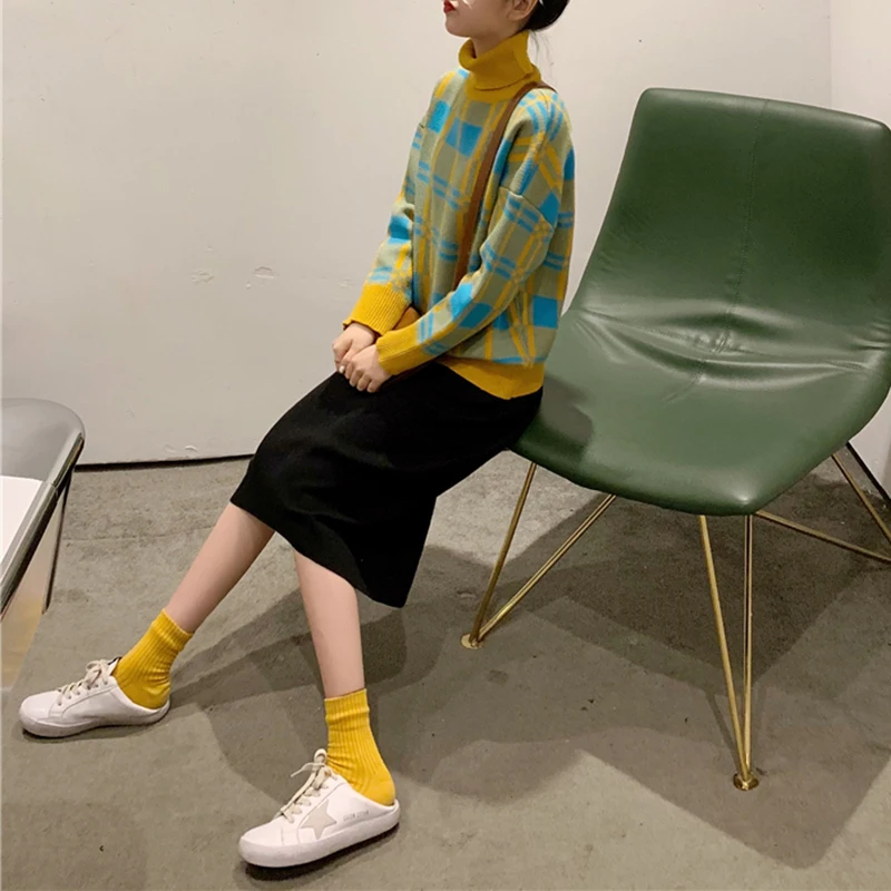 Возможно U вязаный свитер для женщин желтый контрастный плед Водолазка с длинным