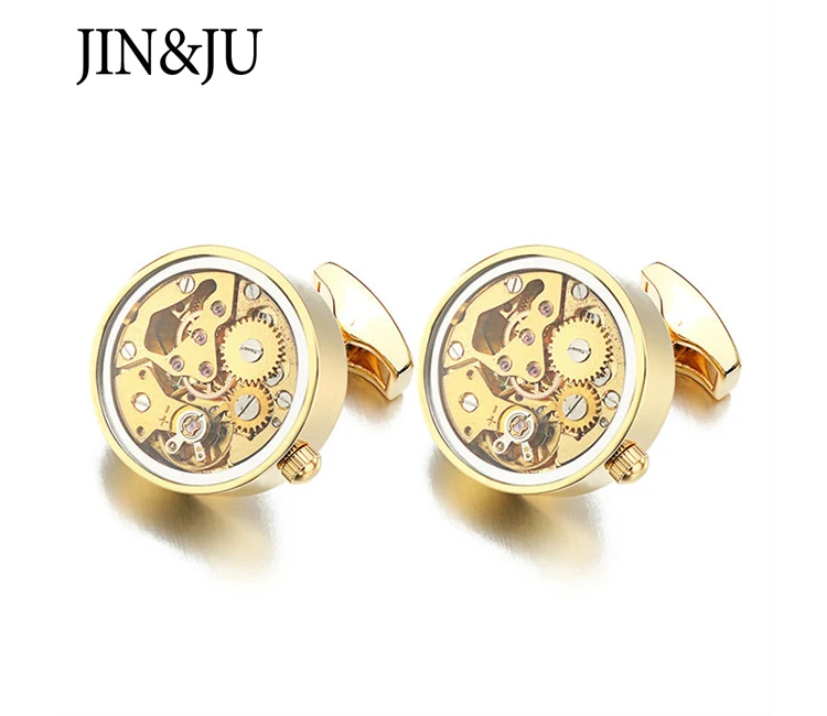JIN& JU Горячая золотая запонка с часовым механизмом со стеклом из нержавеющей стали стимпанковый механизм часы механизм запонки для мужчин